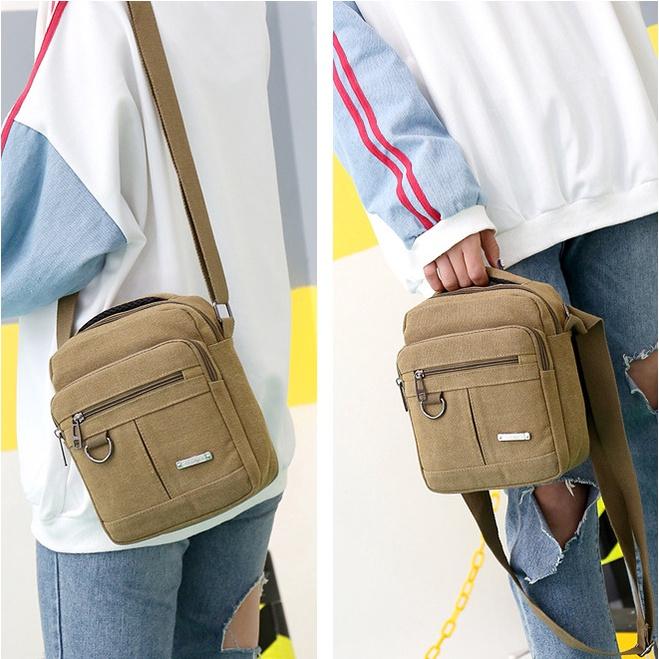 Túi Đeo Chéo Mini Bag Nam nữ Unisex đựng Ipad Mini Vải Canvas Nhập Khẩu Màu Đen/Kaki T24