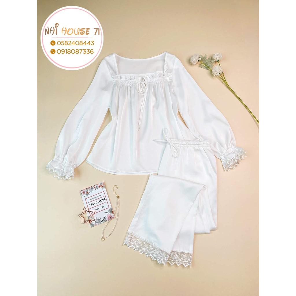 SET BỘ NGỦ PIJAMA TAY DÀI PHỐI REN CỔ U DỄ THƯƠNG LỤA LATIN TÔ CHÂU MỀM MỊN MÁT NHIHOUSE71 FREESIZE DƯỚI 6