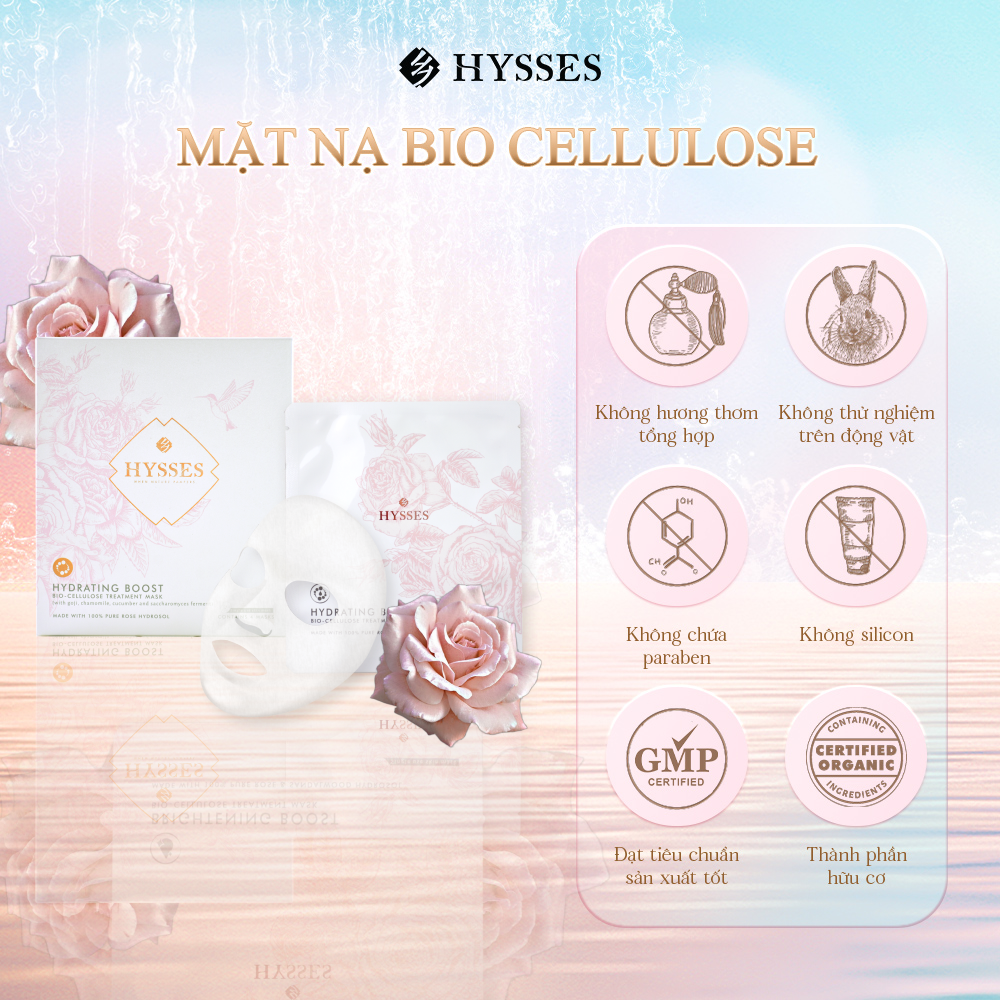 Mặt Nạ Cao Cấp Hysses Bio Cellulose Hydrating Cấp Ẩm Chuyên Sâu, Làm Mờ Nếp Nhăn, Chống Lão Hóa Với Tinh Dầu Hoa Hồng Hữu Cơ Tự Nhiên