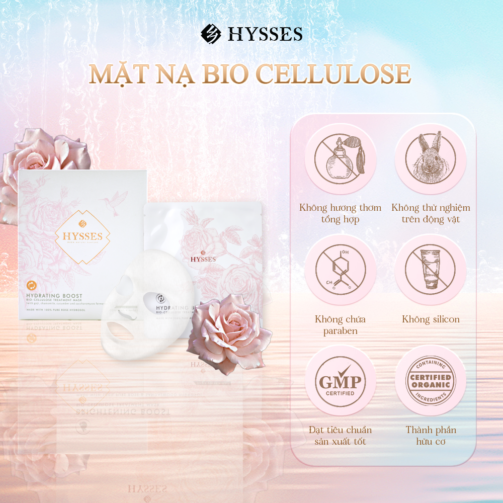 Mặt Nạ Cao Cấp Hysses Bio Cellulose Hydrating Cấp Ẩm Chuyên Sâu, Làm Mờ Nếp Nhăn, Chống Lão Hóa Với Tinh Dầu Hoa Hồng Hữu Cơ Tự Nhiên Hộp 4 Miếng