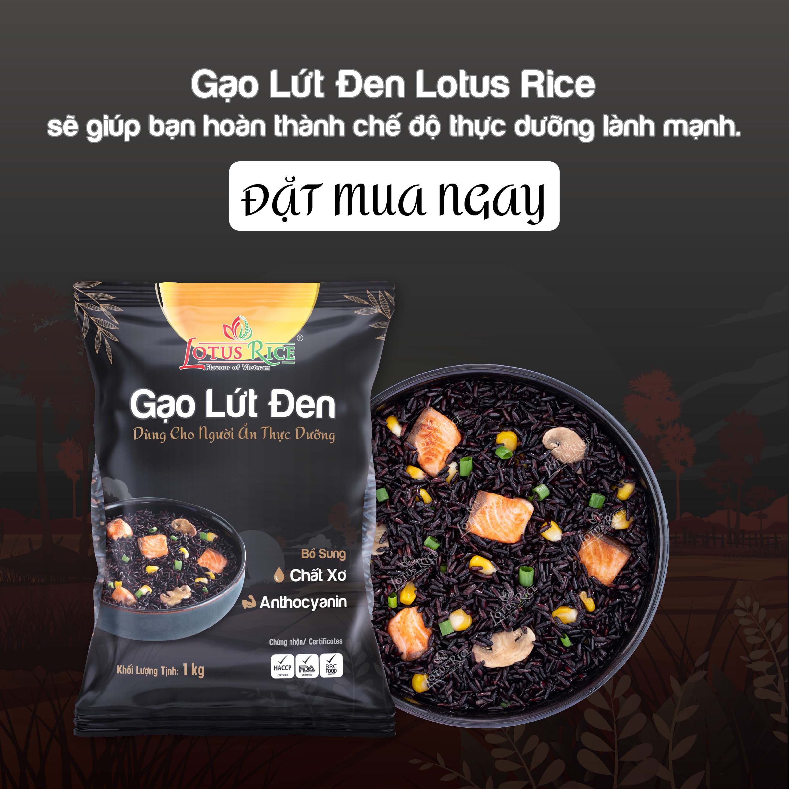 Gạo Lứt  Đen Lotus Rice 1kg - Tốt cho người ăn thực dưỡng - Dễ ăn dễ nấu