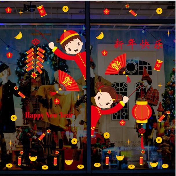 Decal trang trí tết - Bé Trai Bé Gái tưng bùng chào Xuân