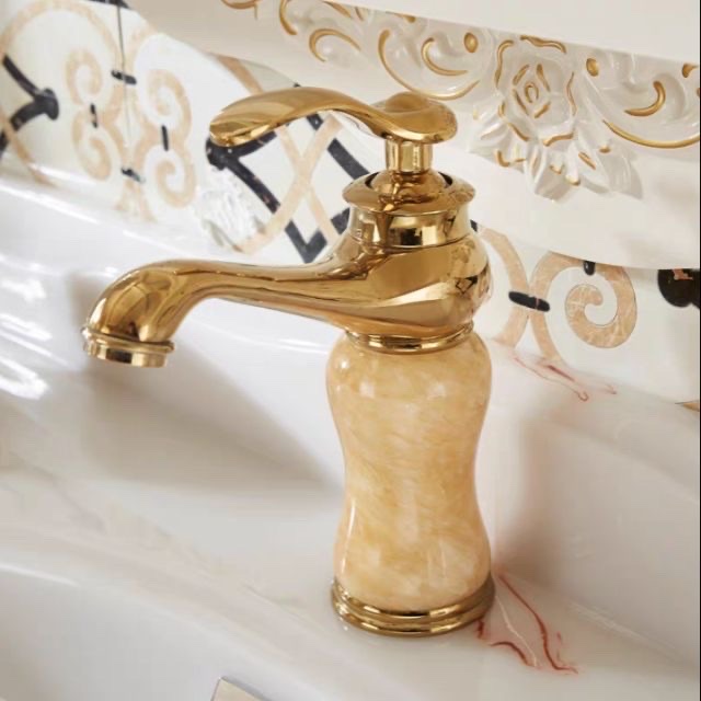 Vòi rửa mặt nóng lạnh mạ vàng bọc đá ngọc thân thấp GR8762B (Sang trọng, quý phái)