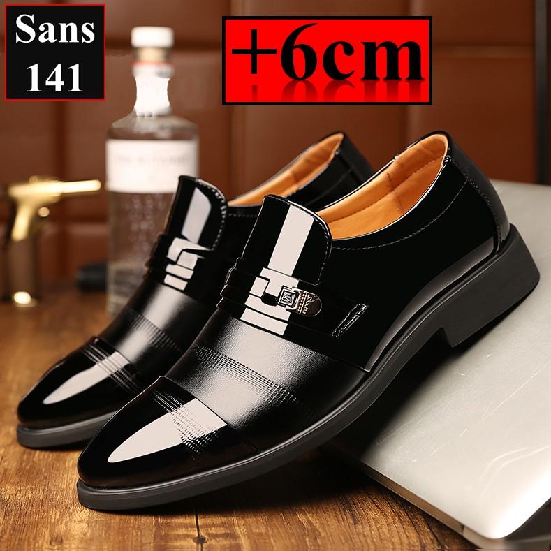 Giày tăng chiều cao nam 6cm Sans141 giầy tây độn đế lười da bóng mũi tròn đen nâu size nhỏ 37 công sở đàn ông người lớn