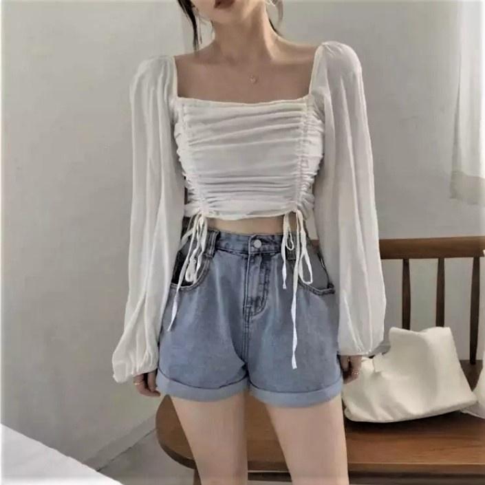 ÁO NỮ CROPTOP LỤA RÚT DÂY TRƯỚC NGỰC TAY DÀI (DƯỚI 50KG MẶC VỪA)