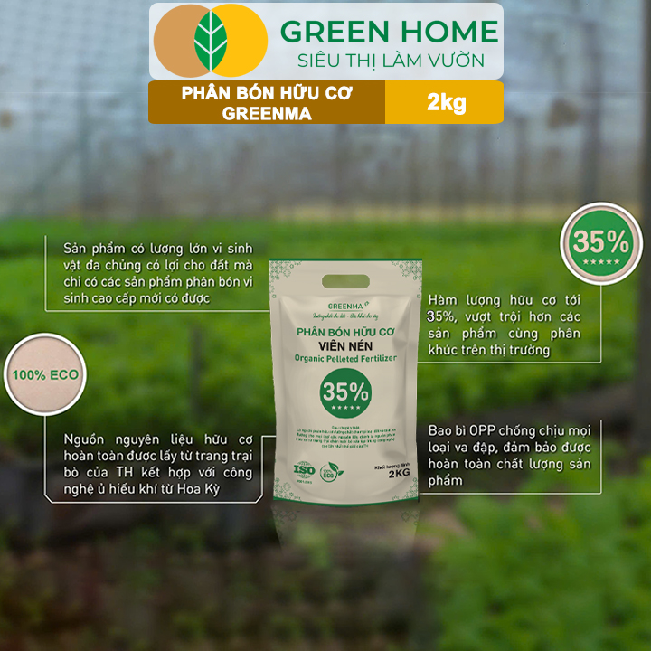 3 Túi Phân Bón Hữu Cơ Viên Nén Greenma 35%, GreenHome, Túi 2kg, Chuyên Cho Cây Cảnh, Hoa Màu Trồng Chậu