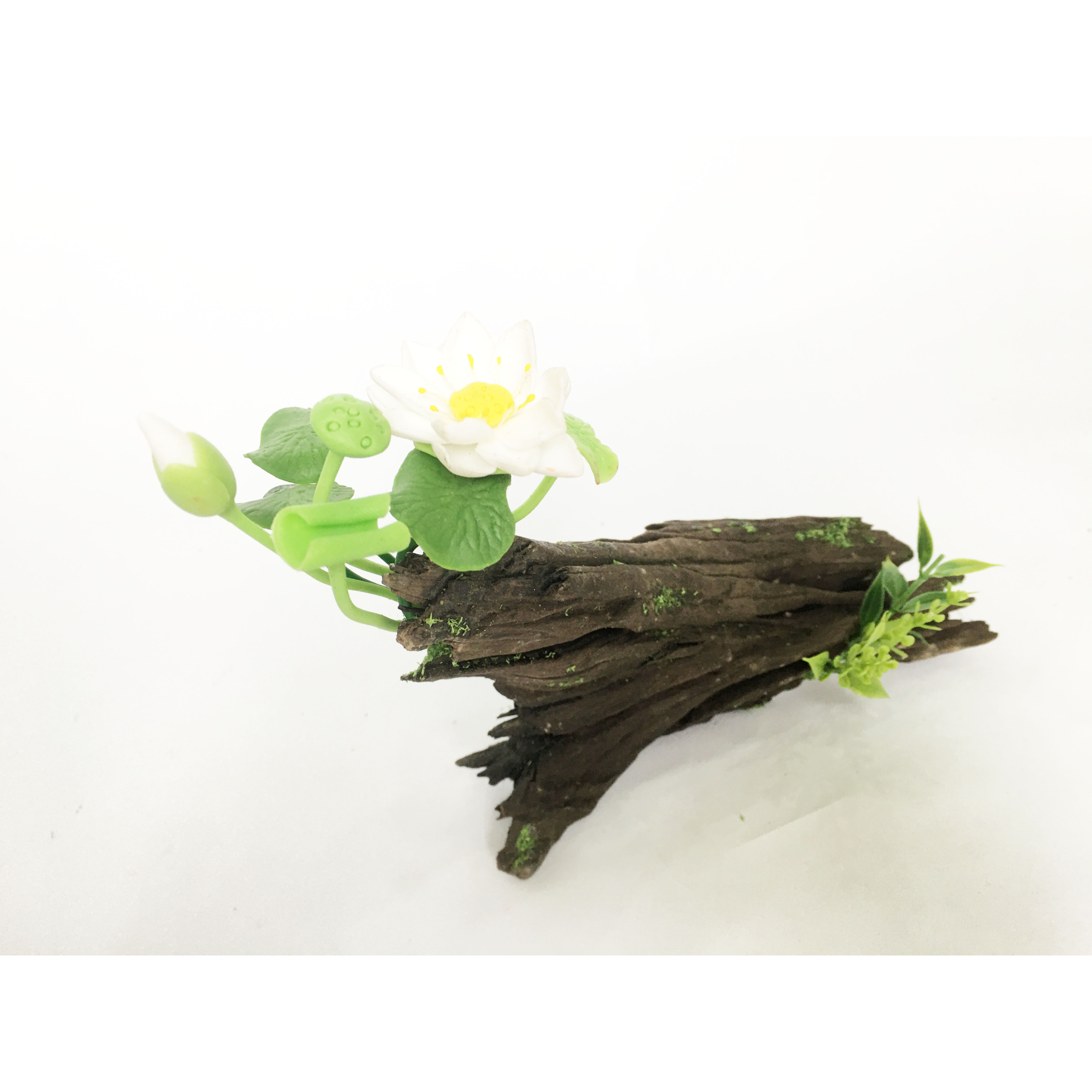 Lũa gỗ hình dáng tự nhiên kết hợp Hoa sen đất sét mini  - Quà tặng trang trí handmade