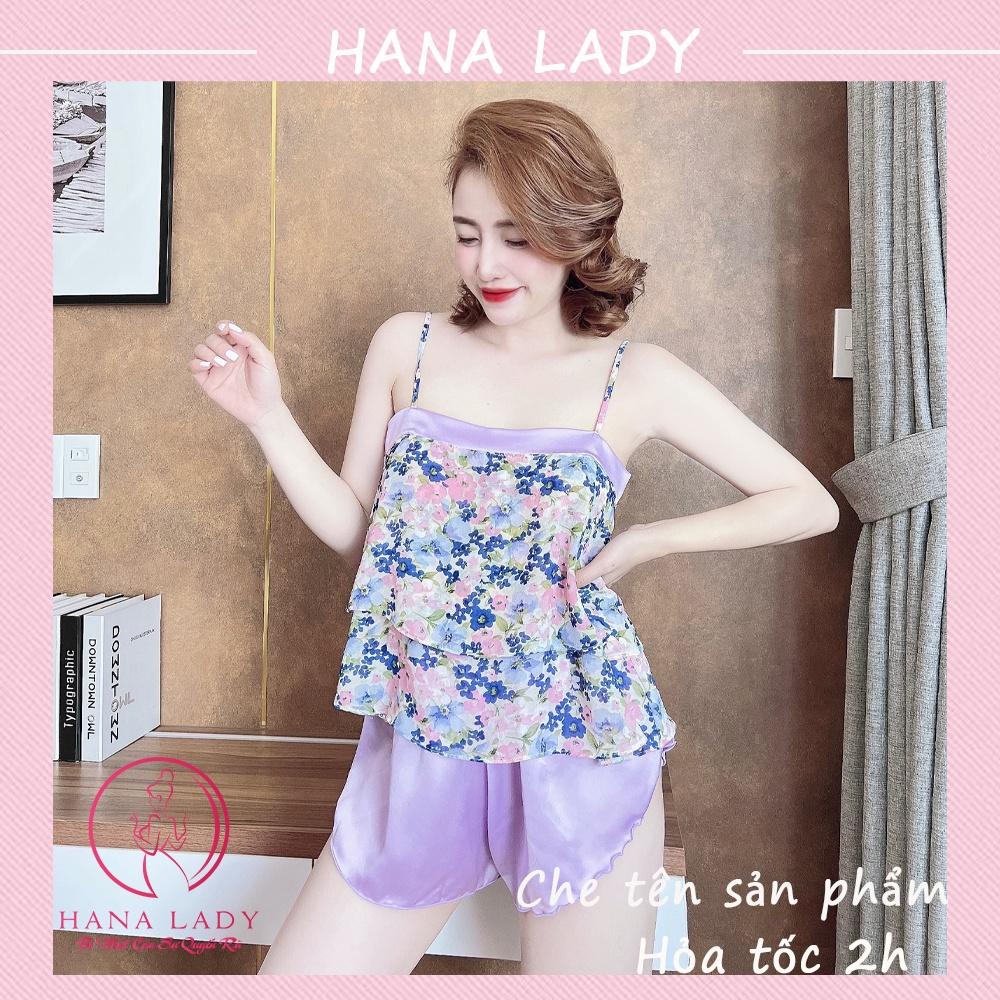 Bộ ngủ 2 dây hoa, đồ ngủ voan lụa họa tiết mặc nhà cao cấp VN500