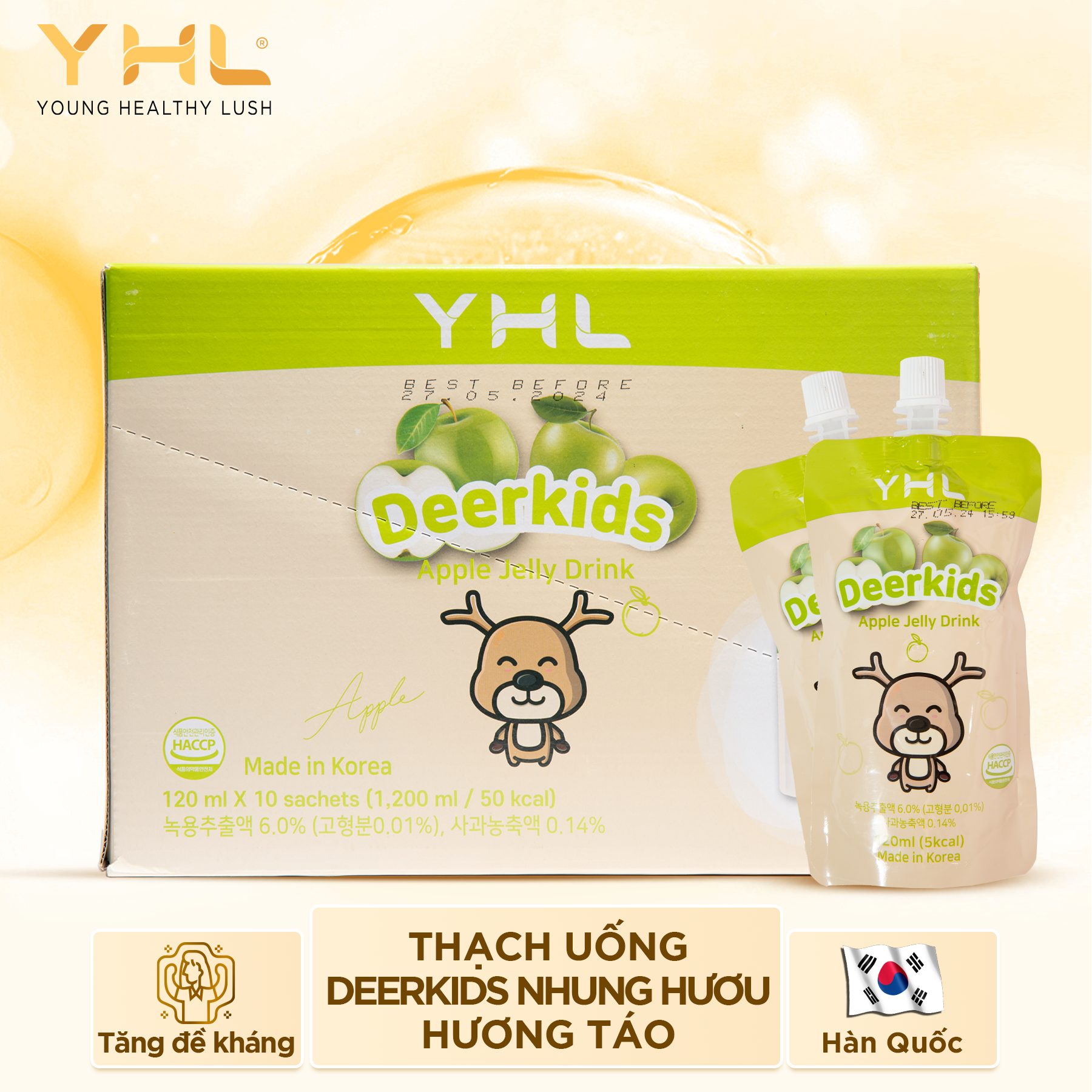 Thạch uống Deerkids nhung hươu hương táo YHL 10 gói Hàn Quốc