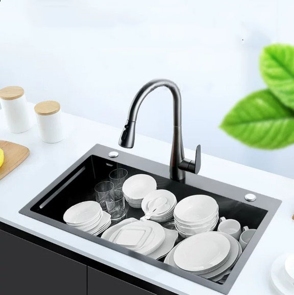 Chậu rửa chén inox 304 màu xám đen 1 ngăn rộng rãi