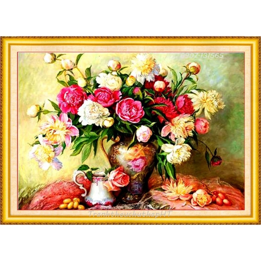 Tranh đính đá bình hoa cổ VS338 - 75 x 55 cm - chưa đính