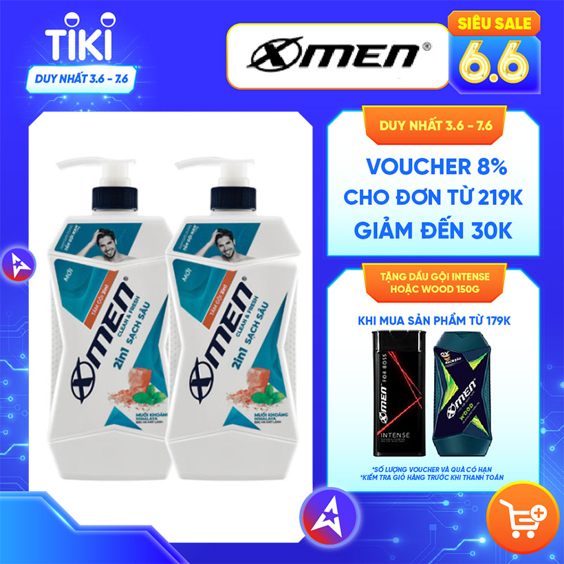 Combo 2 Tắm Gội X-Men Clean &amp; Fresh 2in1 Sạch Sâu 630g/chai