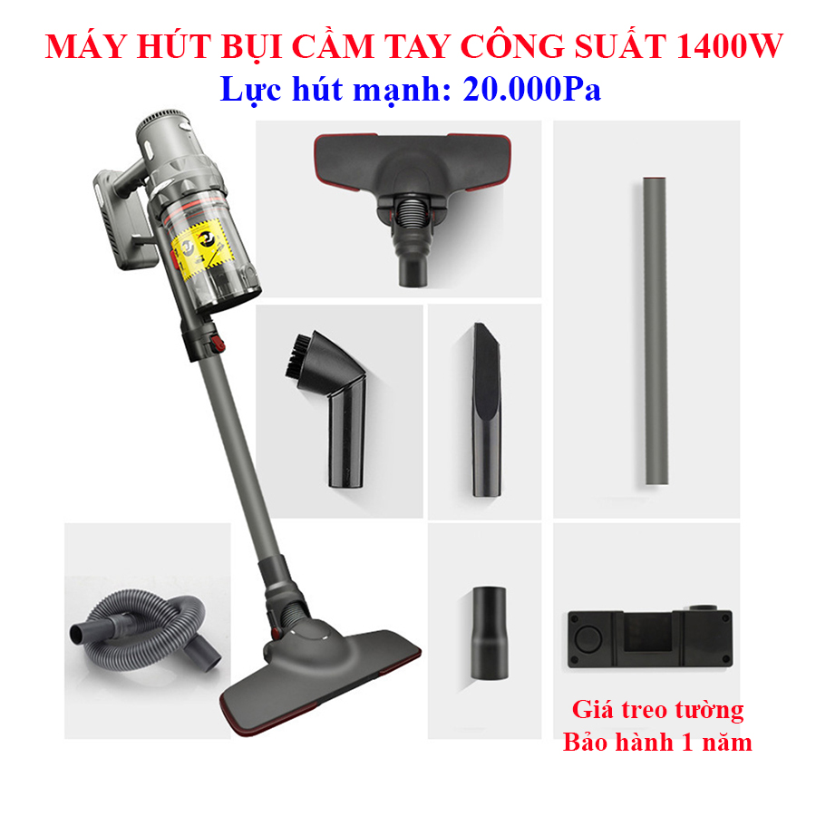 Máy hút bụi cầm tay công suất lớn 1400W, lực hút mạnh 20.000Pa. Máy hút bụi công nghệ hút lốc xoáy, có giá treo tường