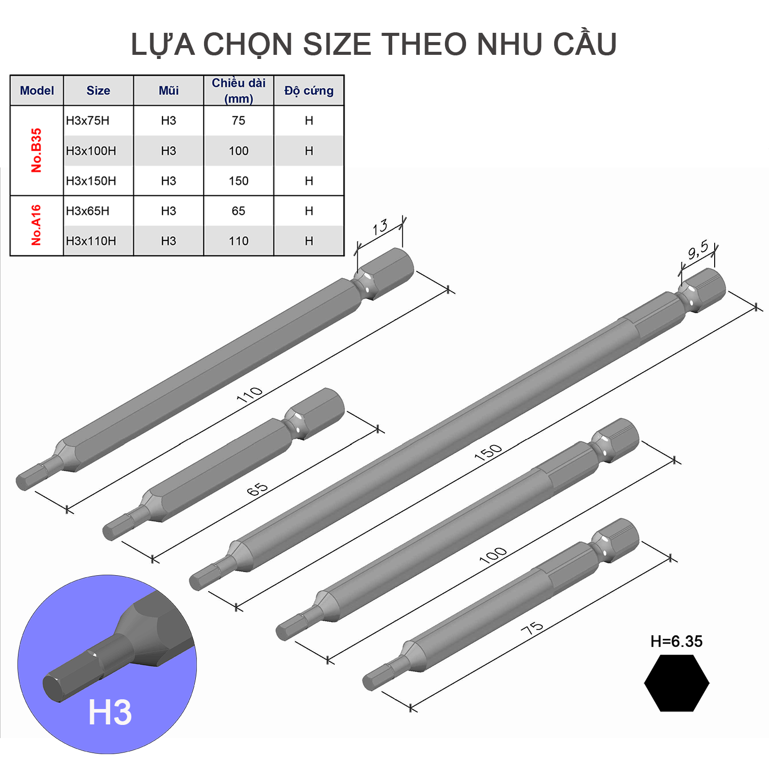 Mũi vặn vít đầu lục giác H3 chuôi lục giác H = 6,35 Vessel