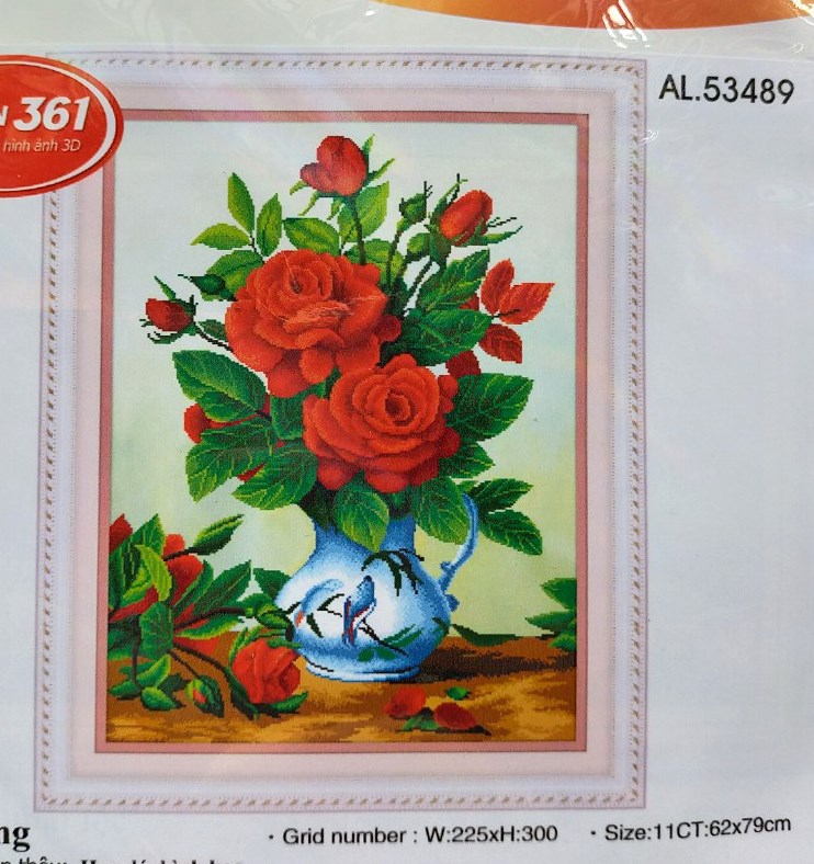 Tranh thêu chữ thập bình hoa hồng 53489 - 62 x 79 cm - chưa thêu