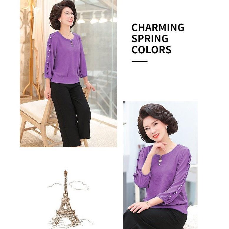 ️Có Big Size️ Áo Trung Niên Nữ Đính Cườm Trẻ Trung , Mẫu Áo Kiểu Trung Niên Cổ Tròn Tay Dài Đính Nút Sang Trọng