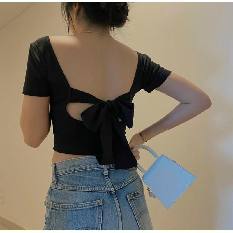 Áo hở lưng croptop tay ngắn buộc nơ có mút ngực kx