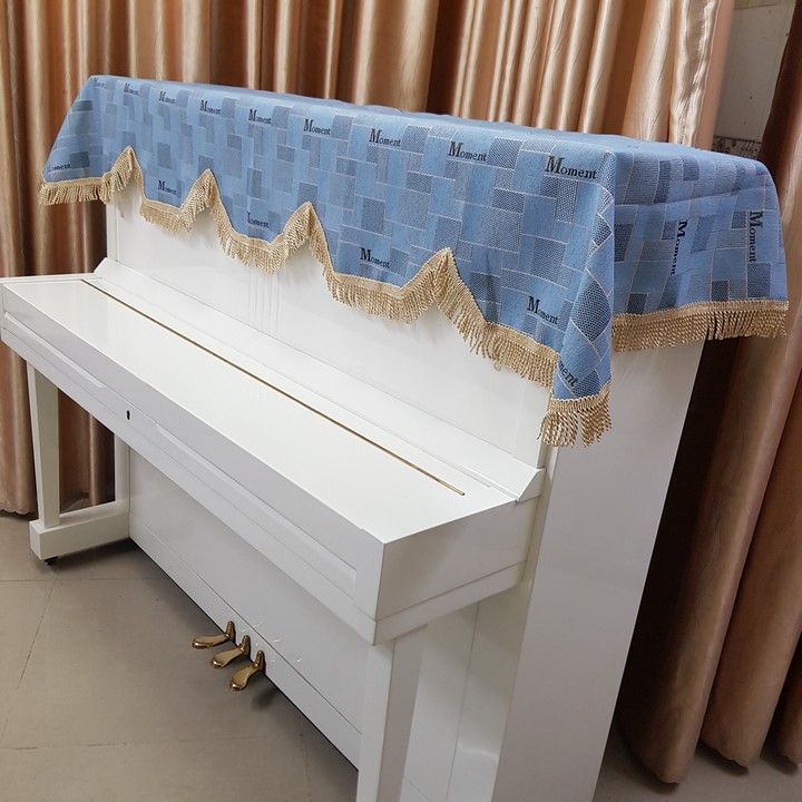 Khăn Phủ Đàn Piano màu xanh vải dày có họa tiết cao cấp