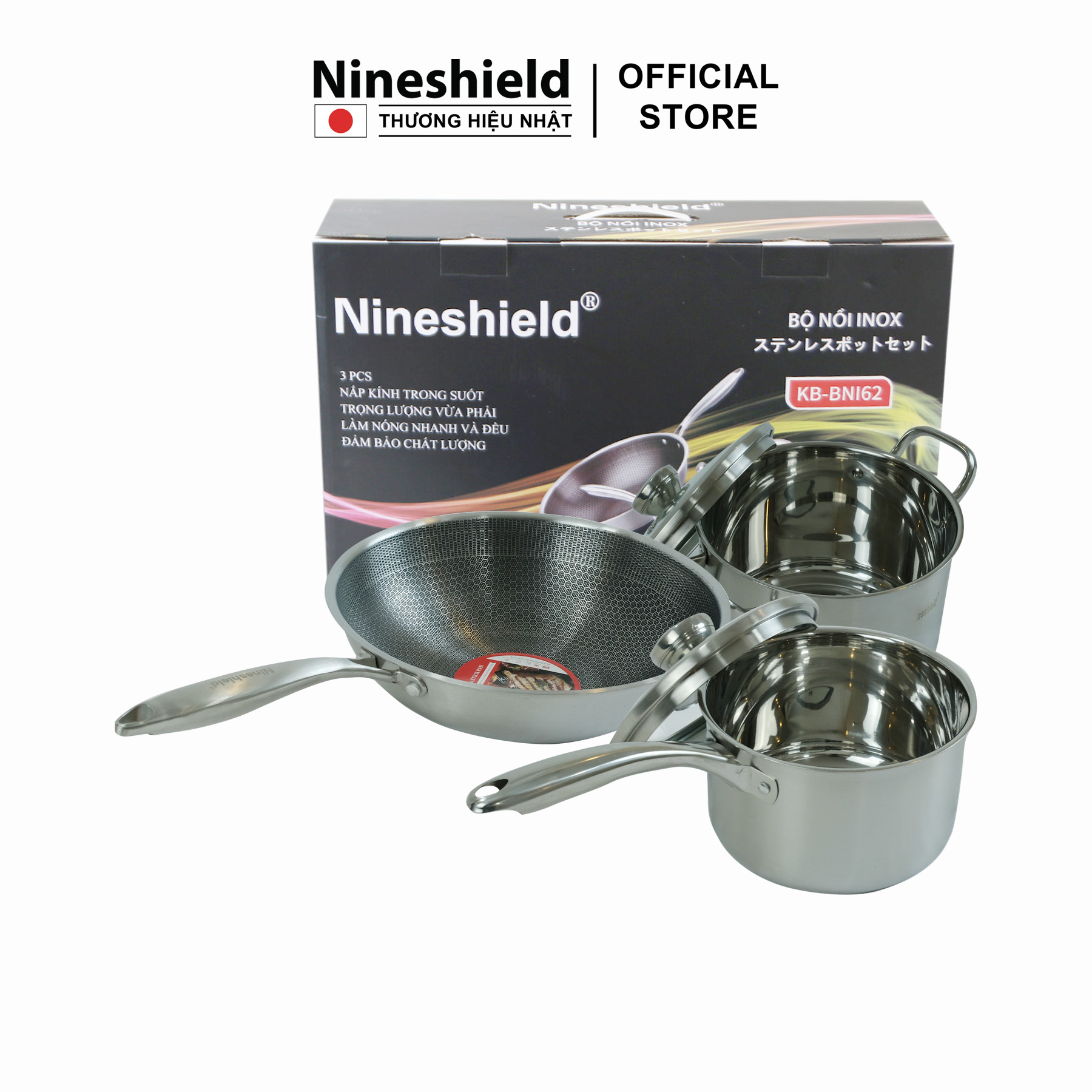 Bộ nồi Inox 3 món mẫu mới Nineshield KB BNI62 - Hàng chính hãng