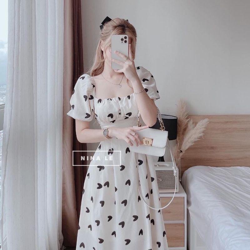 Đầm Nữ Cổ Vuông Họa Tiết Trái Tim Nơ Lưng Cộc Tay Vải Đũi Lụa Q112
