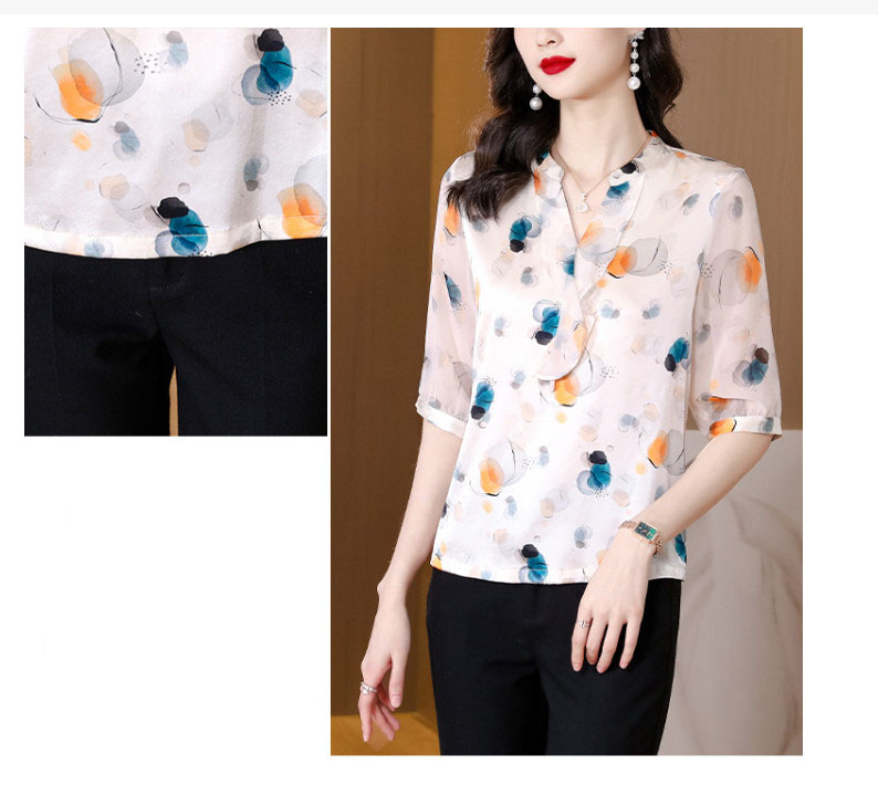 Áo sơ mi lụa áo sơ mi cổ chữ V mới thiết kế thời trang cảm giác thoải mái phong cách phương Tây mã 1829