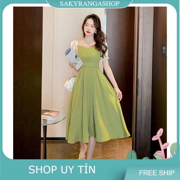 ĐẦM XÒE CỔ HẠT TAY PHỐI LỤA TƠ CAO CẤP