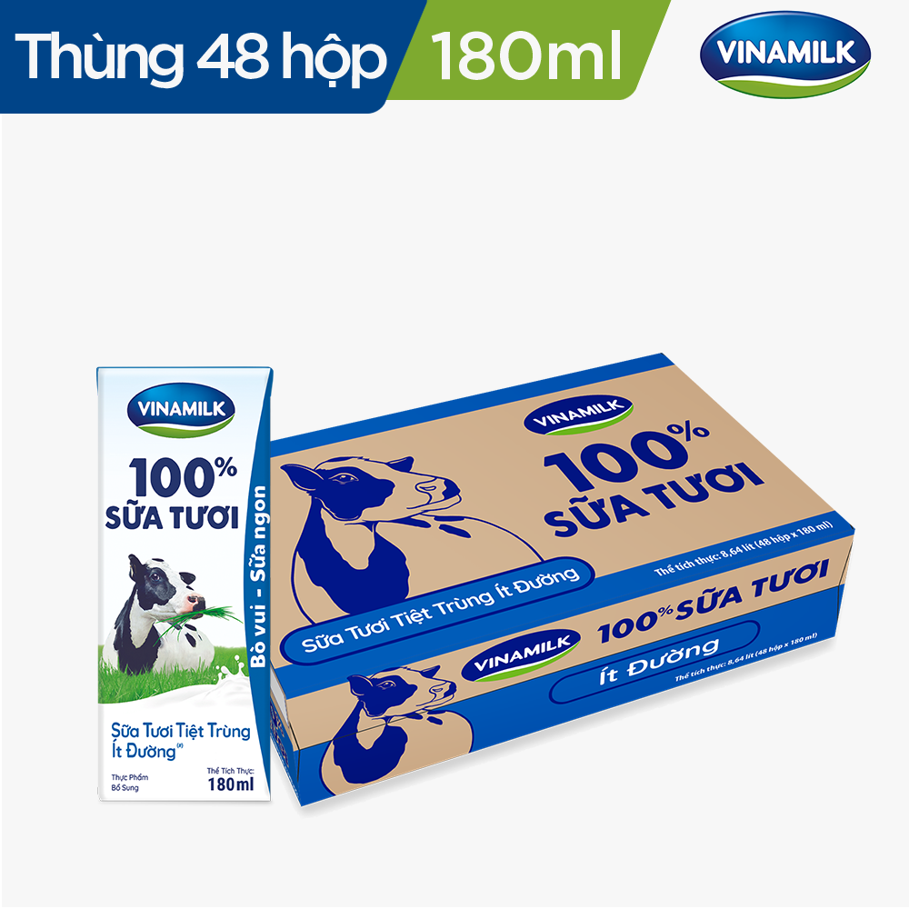 THÙNG 48 HỘP SỮA TƯƠI TIỆT TRÙNG VINAMILK 100% ÍT ĐƯỜNG 180ML