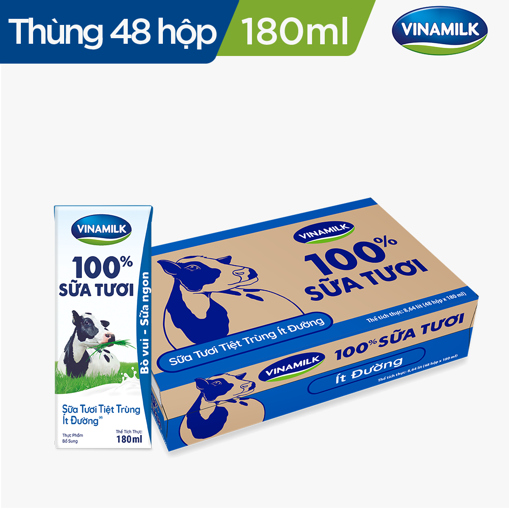 Thùng 48 Hộp Sữa Tươi Tiệt Trùng Vinamilk 100% Ít Đường (180ml)