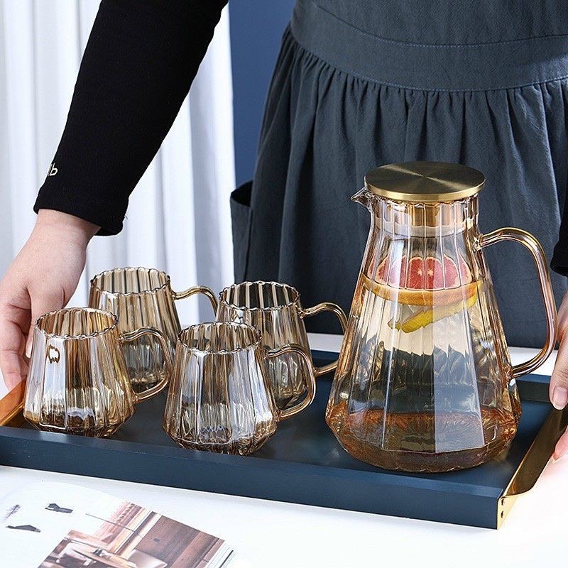 Bộ bình 6 cốc thủy tinh chịu nhiệt ánh vàng