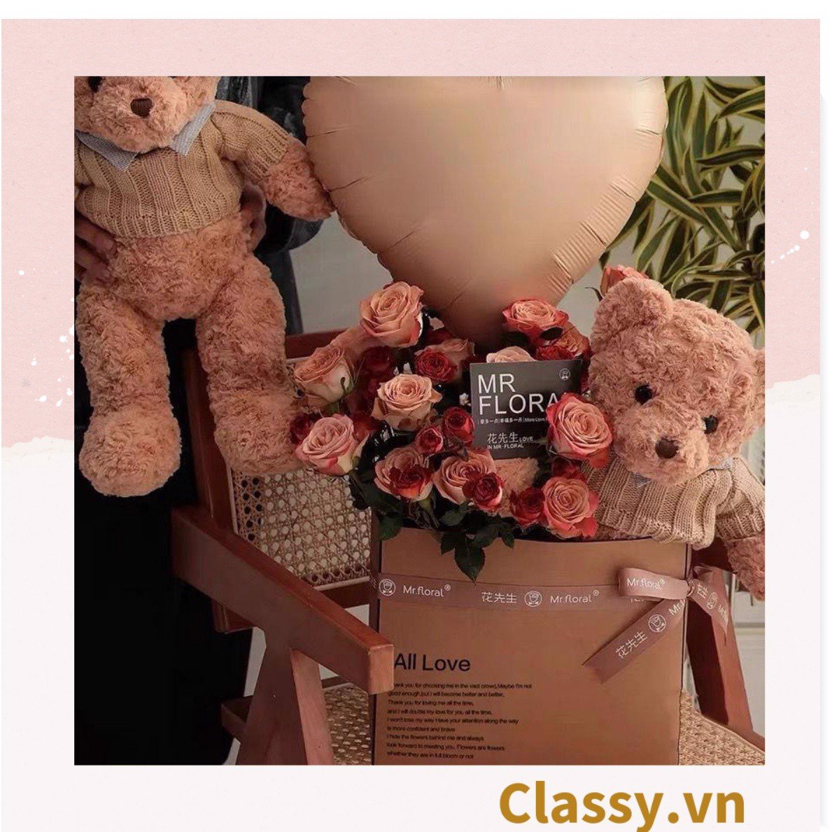 Túi giấy quai xách 30 X 25 X 13 cm đựng hoa trang trí in chữ Flower Art màu Nâu kraft vintage Q1727 (không kèm gấu, hoa, ruy băng)