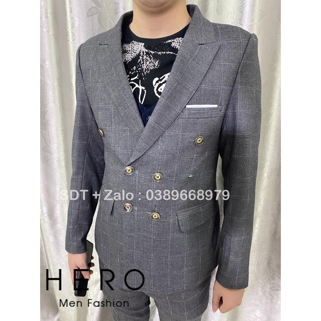 Bộ vest nam cao cấp Kẻ caro xám, Bộ suit Nam Hàn Quốc