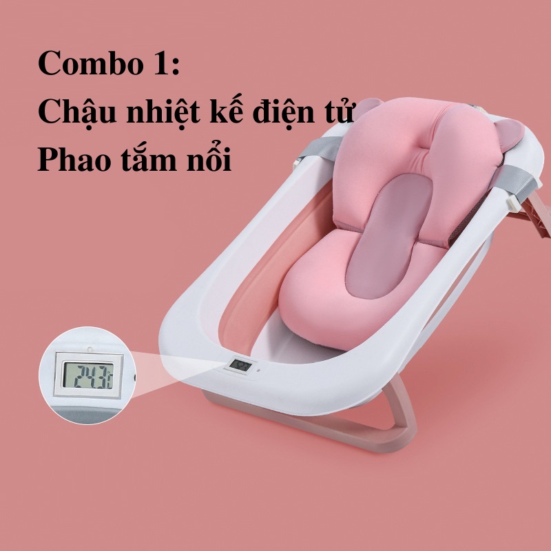 Chậu tắm cho bé, Chậu tắm gấp gọn cho bé sơ sinh nhiệt kế điện tử kèm phao tắm, lưới tắm