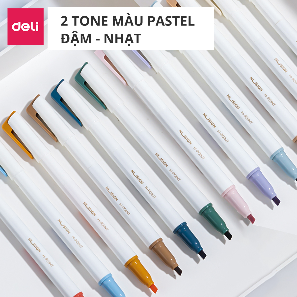 Set 6 bút highlight 2 đầu nhớ dòng đánh dấu màu pastel tươi sáng cute Nusign Deli dạ quang tiện lợi cho học sinh văn phòng