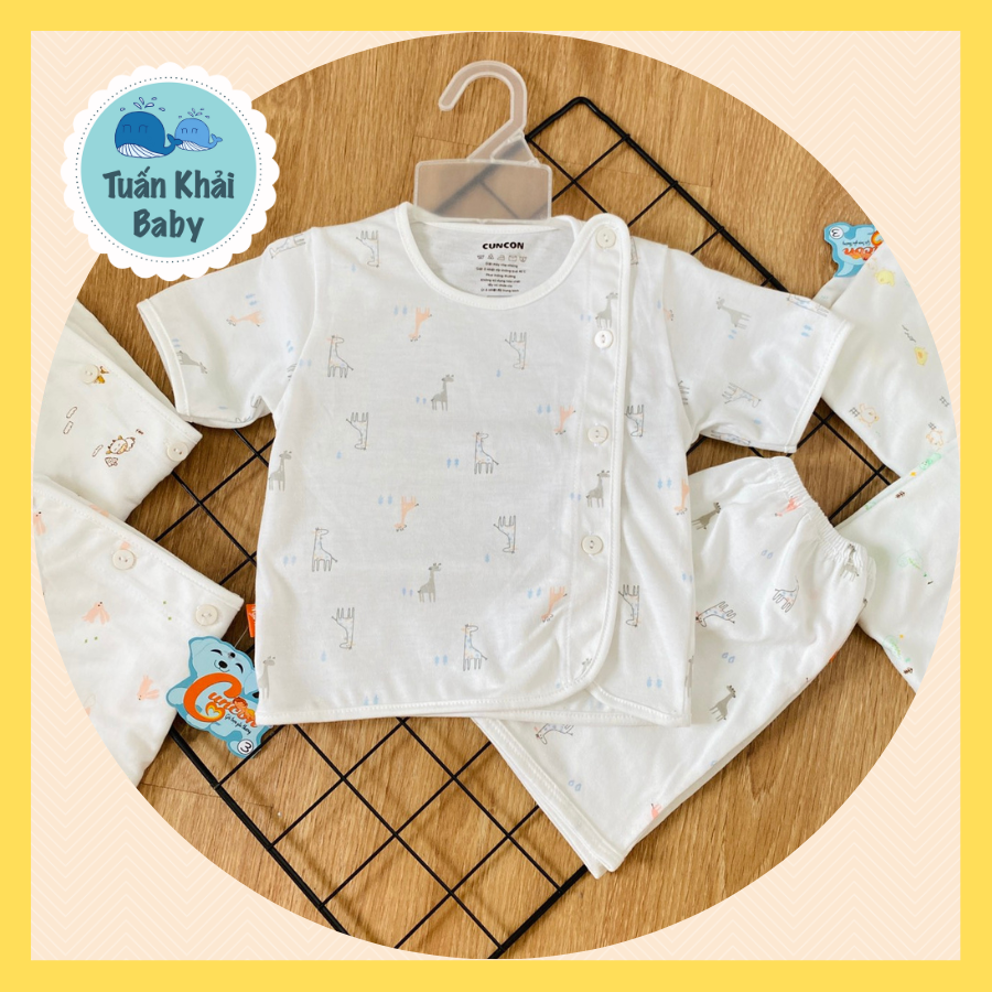 Bộ Quần Áo sơ sinh (1bộ) cotton cao cấp CUNCON | Mẫu Tay Ngắn Họa Tiết Cài Lệch | Size 1,2,3 cho bé sơ sinh - 9kg