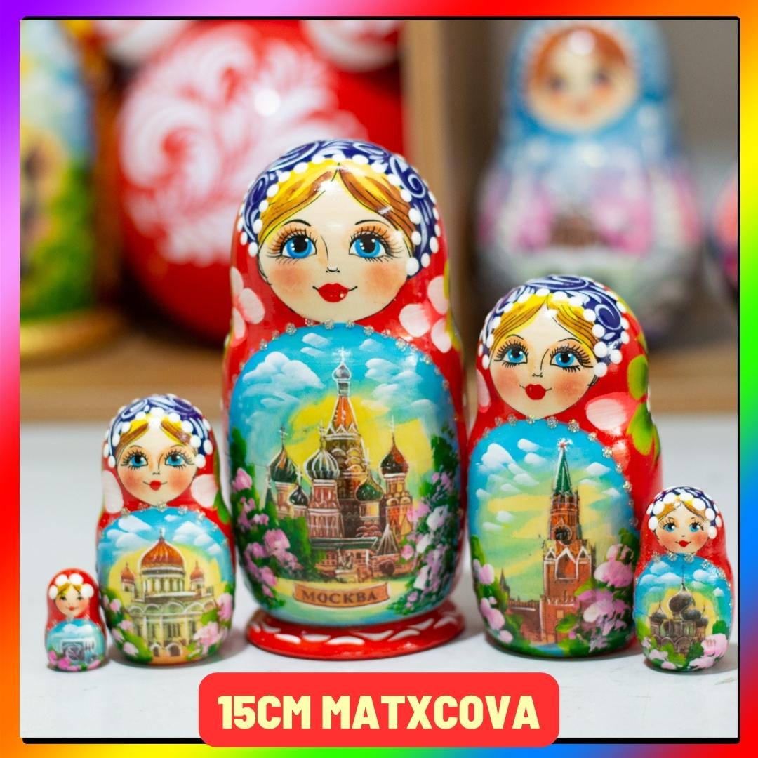 BỘ BÚP BÊ NGA 5 LỚP CAO 15CM HOA VĂN "PHONG CẢNH MATXCOVA" MÀU ĐỎ