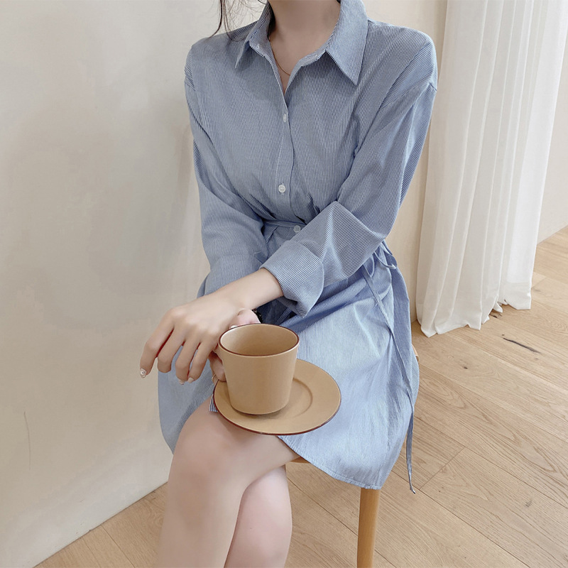 Đầm Sơ Mi Xanh Kẻ Sọc Kèm Dây Thắt eo, Váy Thiết Kế Sơ Mi Kiểu Hàn Haint Boutique Da26