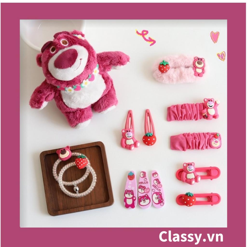 Bộ sưu tập dây cột tóc băng đô và Kẹp Classy tóc màu hồng tía, in hình gấu Teddy cute ngộ nghĩnh PK799