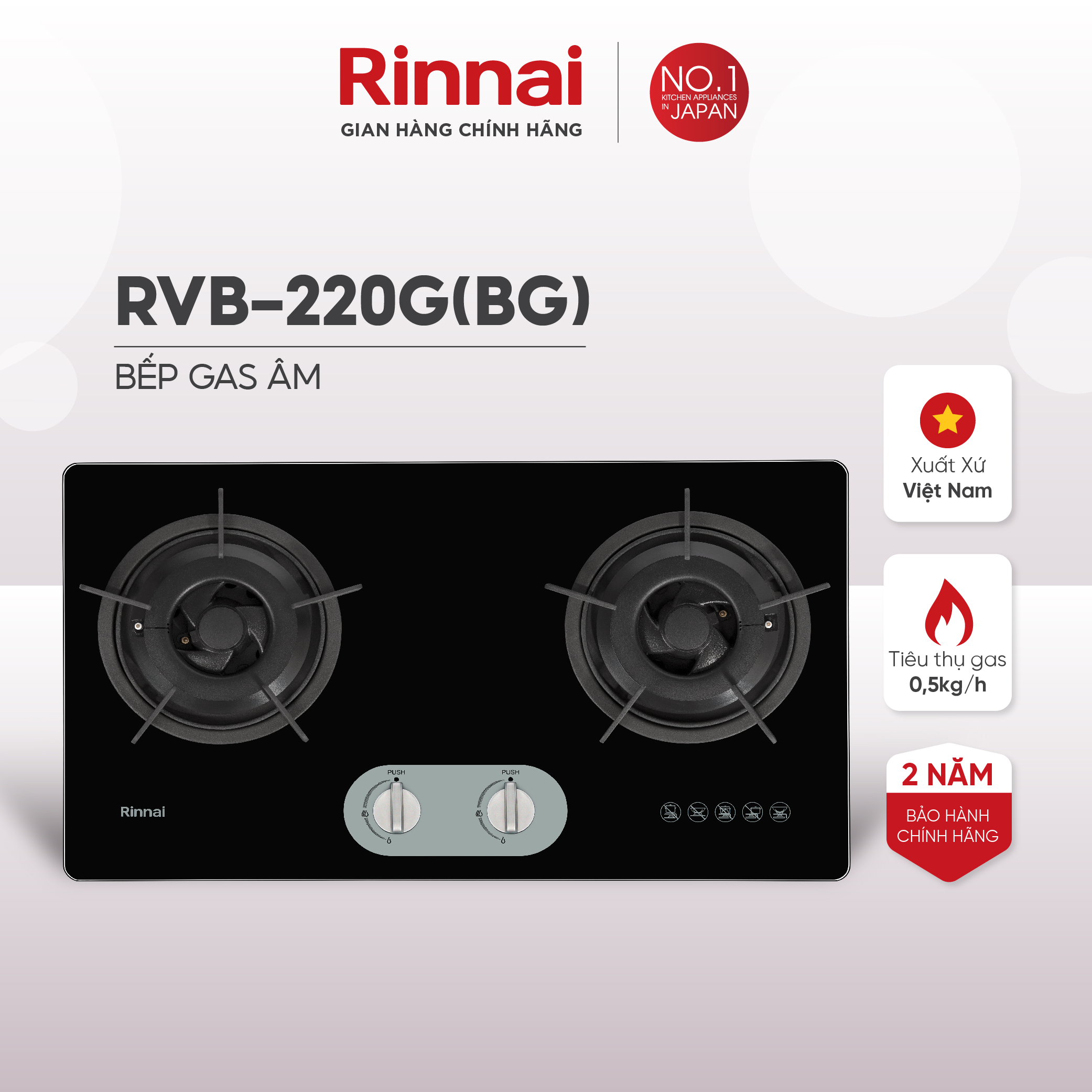 Bếp gas âm Rinnai RVB-220G mặt bếp kính kiềng bếp gang - Hàng chính hãng.