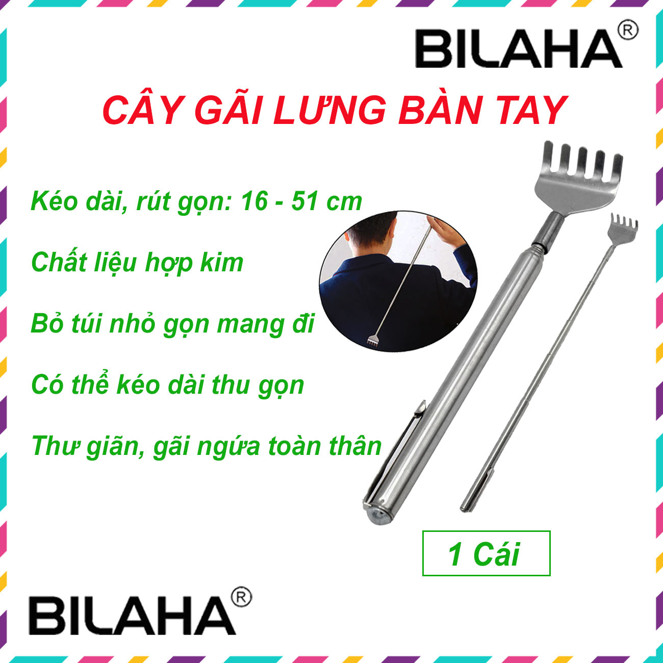 Cây Gãi Lưng Massage Hình Bàn Tay Inox Kéo Dài Rút Gọn - MASA1030