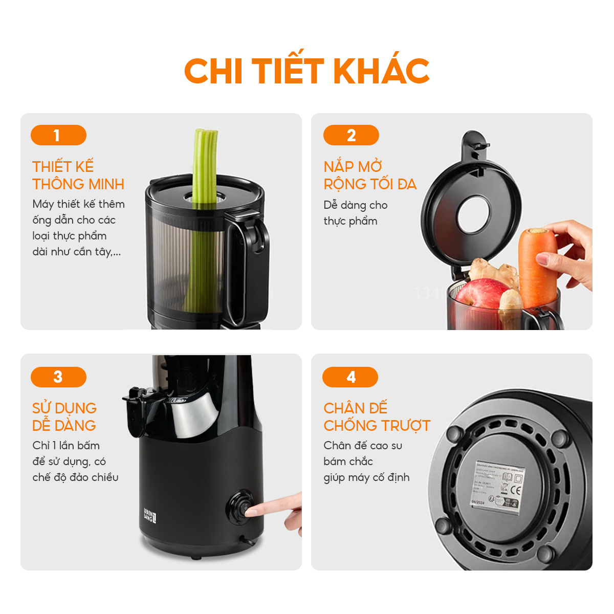 Máy ép chậm Lebenlang LBL3077, công suất 250W, dung tích 1000ml, ép kiệt bã, giữ trọn dinh dưỡng, bảo hành 2 năm - hàng chính hãng