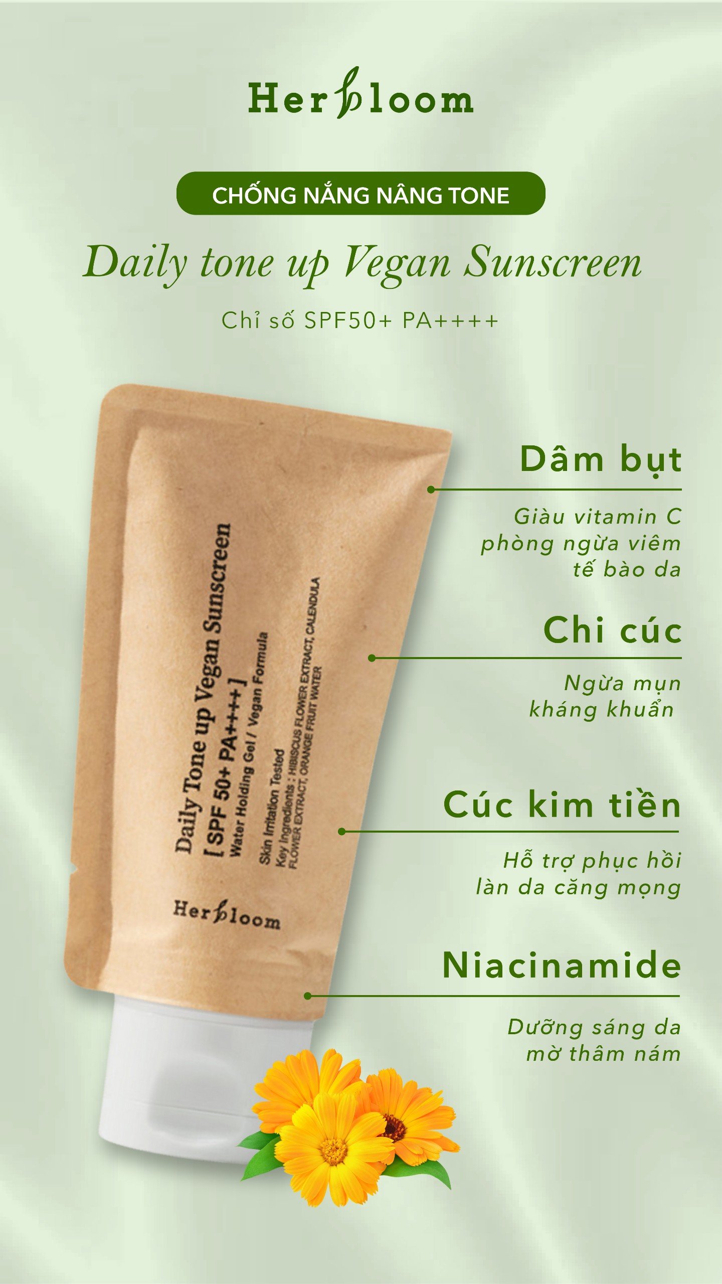 Kem Chống Nắng Herbloom Thuần Chay Daily Toneup/ Calming Days Vegan Sunscreen SPF 50+ / PA ++++ 50ML