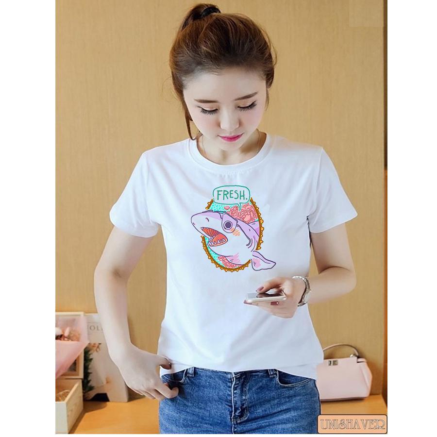 Áo thun nữ in hình cá mập Fresh form rộng hàn quốc vải dày mịn