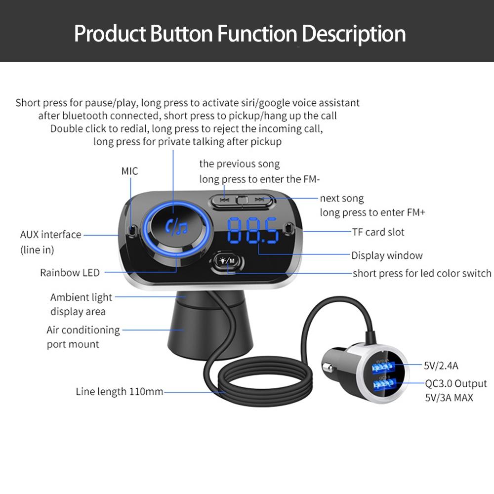 Thiết bị truyền tín hiệu FM QC 3.0 Bluetooth 5.0 LCD MP3 cho xe hơi