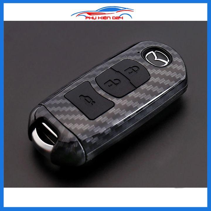Ốp vỏ bọc chìa khóa xe Mazda 6 sợi nhựa cacbon kèm móc treo Inox