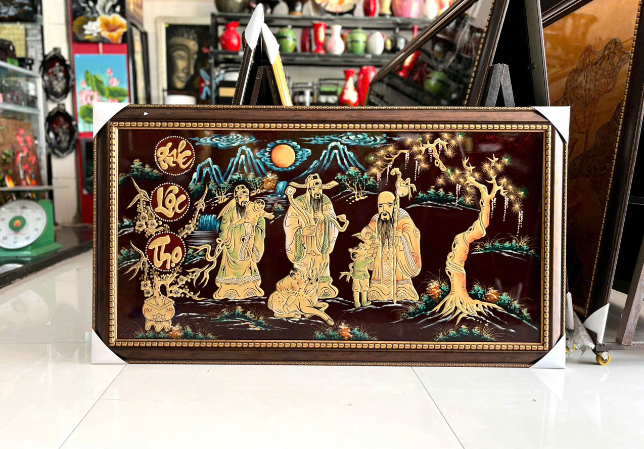 Tranh Sơn Mài - PHÚC LỘC THỌ | Đắp Nổi Thủ Công | Size 60x120 cm | Biểu Tượng Phúc Đức – Tài Lộc – Trường Thọ