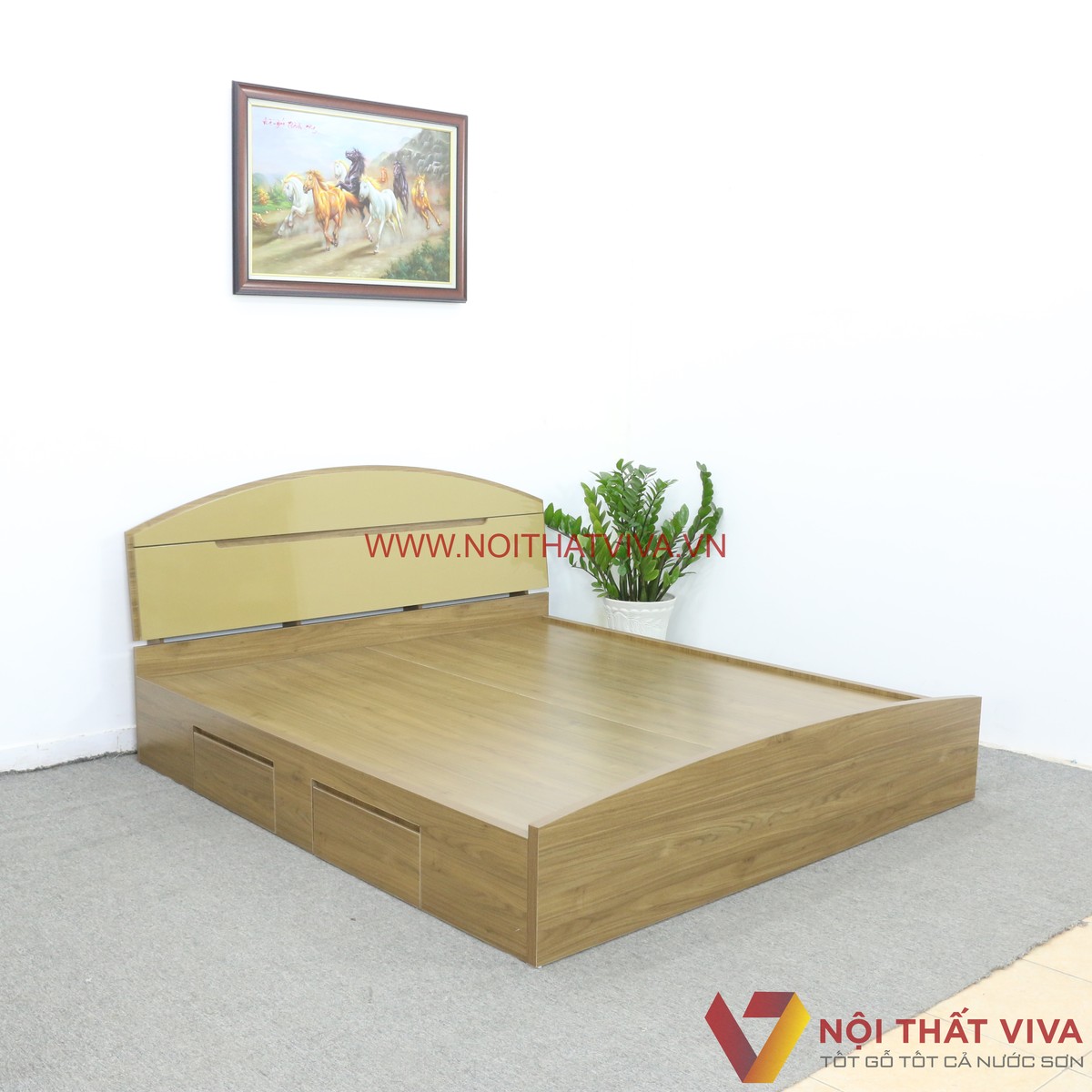 Giường Ngủ Hiện Đại Có Ngăn Kéo Gỗ MDF Melamine Đầu Vòm Màu Nâu Cao Cấp