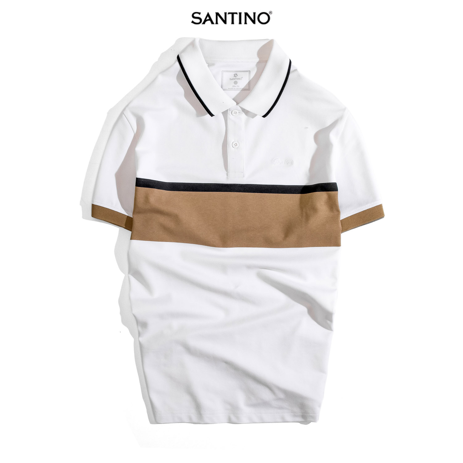 Áo Polo nam SANTINO, in phối ngực, vải Cotton Cá Sấu, kháng khuẩn chống nhăn - E014