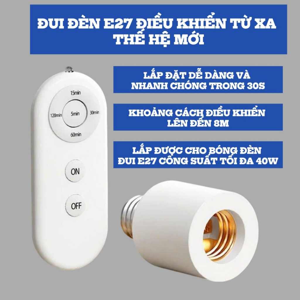 Đui Đèn Thông Minh E27 - Điều Khiển Từ Xa, Hẹn Giờ Tắt Đèn, Kèm Remote điều khiển từ xa