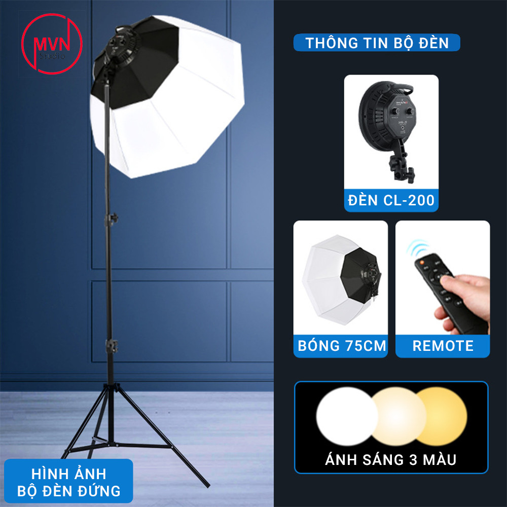 Bộ đèn studio có thể điều chỉnh ánh sáng và độ màu chụp ảnh, quay phim, Livestream chuyên nghiệp, cao 2m softbox PARABOL 75cm