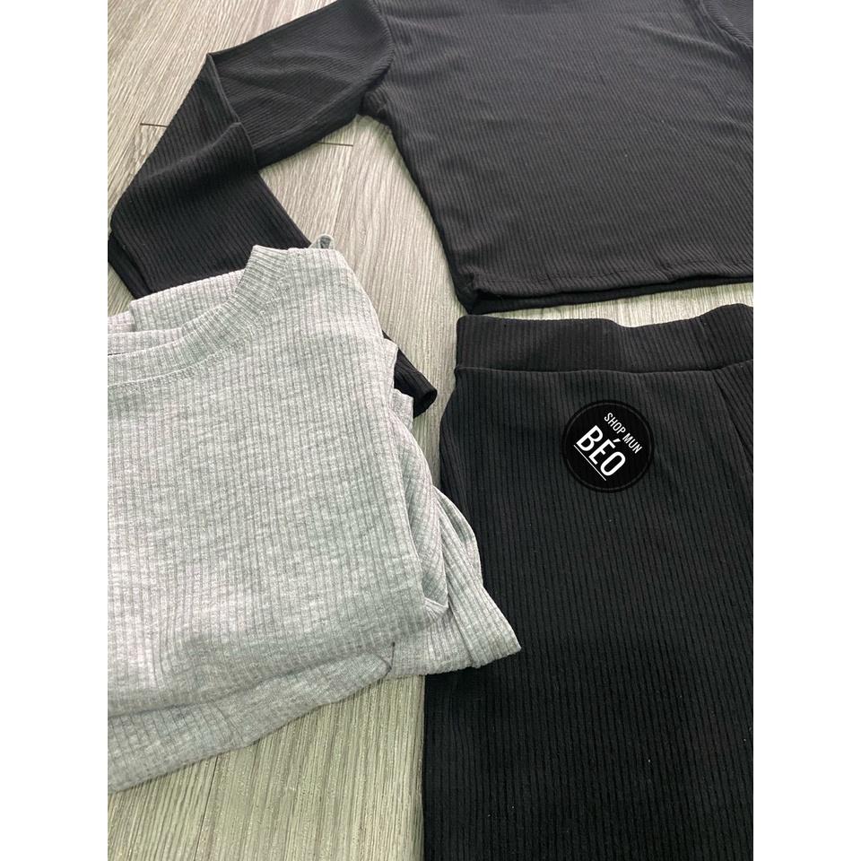 Set Bộ Quần Dài Ống Loe Kèm Áo Croptop Tay Dài Chất Thun Gân Chính Phẩm Thích Hợp Mặc Đi Tiệc Đi Làm Đi Chơi